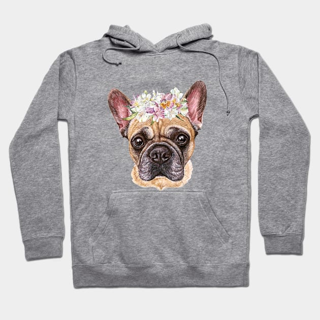 Cute French Bulldog Puppy with Flower Wreath Hoodie by AdrianaHolmesArt